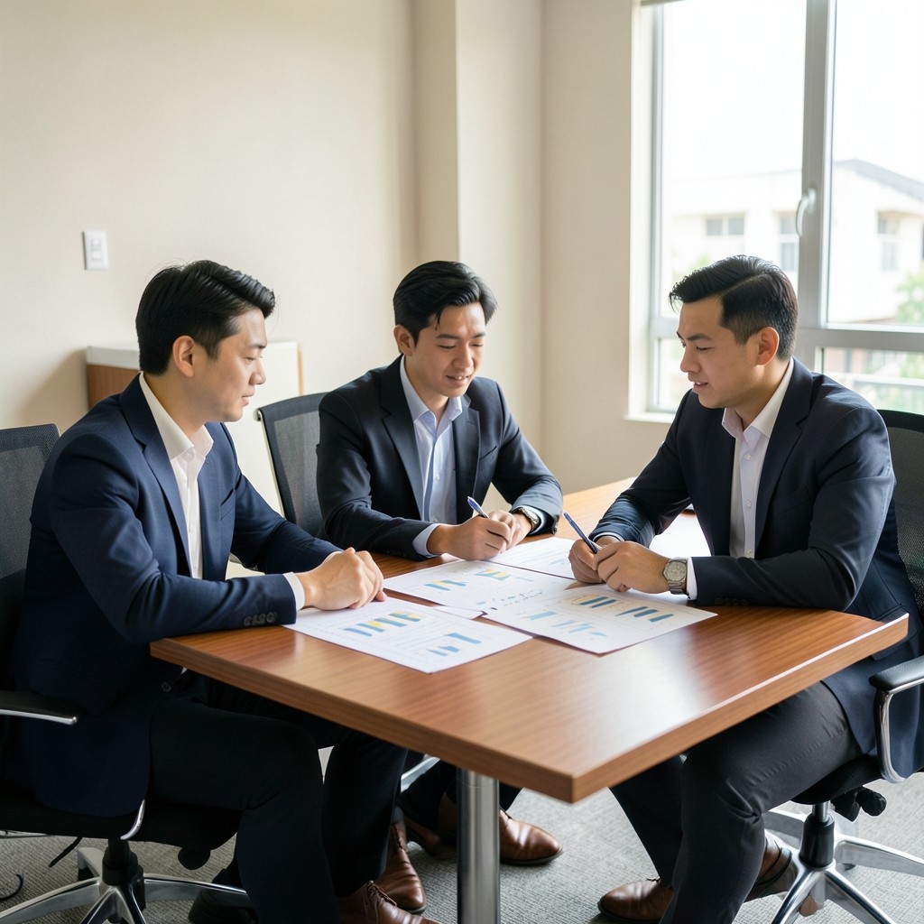 Analysts reviewing printed charts in a Bangkok office