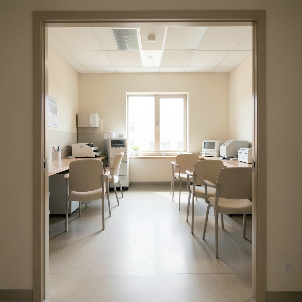 Service operations floor viewed through a calm doorway