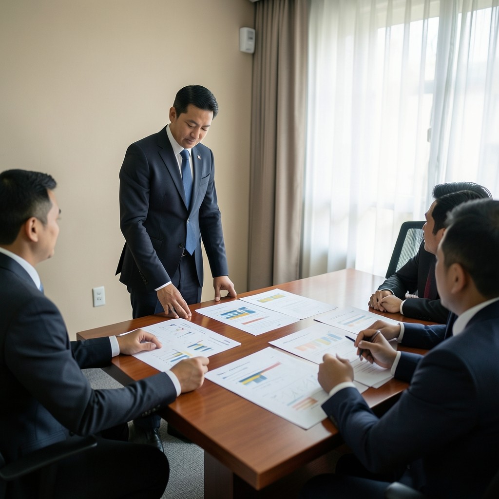 Facilitator leading an executive briefing with printed visuals on the table