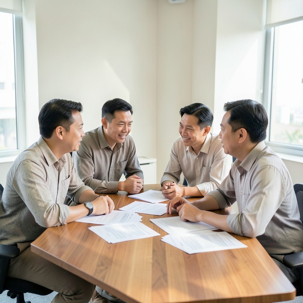 Leadership discussion around printed scorecards in a bright office