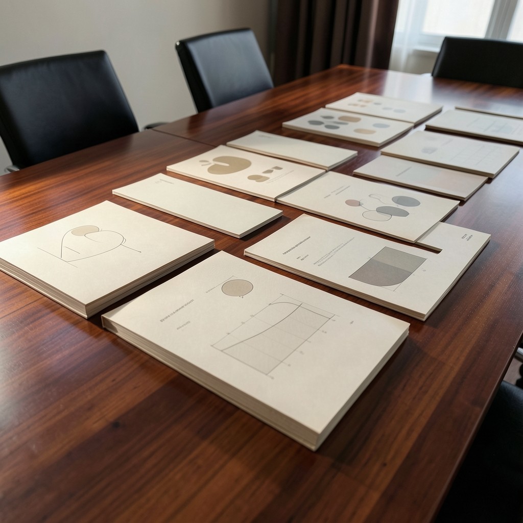 Elegant board pack pages laid out on a conference table