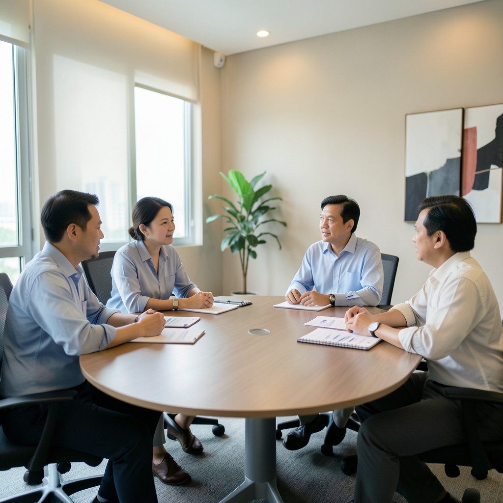 Small leadership group in a Bangkok meeting room during a briefing