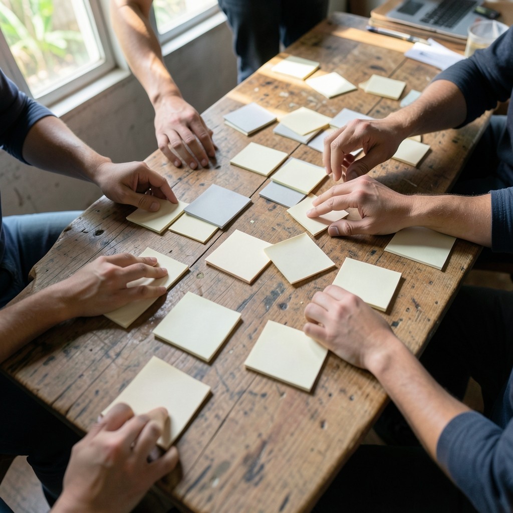 Workshop table with sticky notes mapping service KPIs